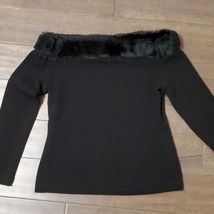 Vintage Black Off the Shoulder Top with Fur Trim